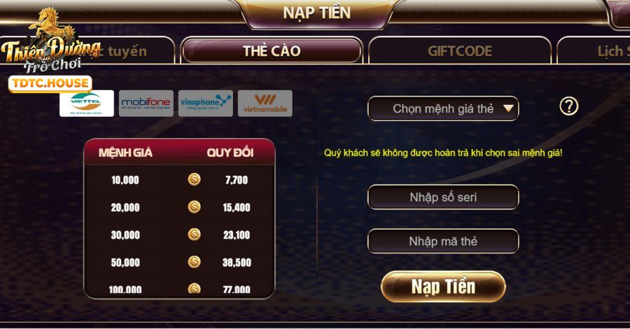 Nạp tiền qua thẻ cào không cần liên kết tài khoản